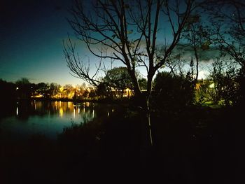 Silhouette bare trees by lake against sky at night