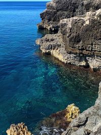 High angle view of rock formations in sea