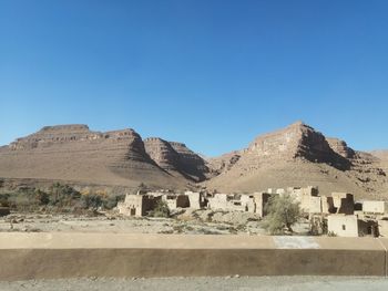 Scenic view of desert against clear blue sky