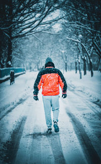 Rear view of person walking in snow