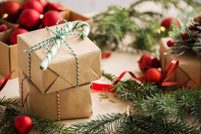 Close-up of christmas decorations on table