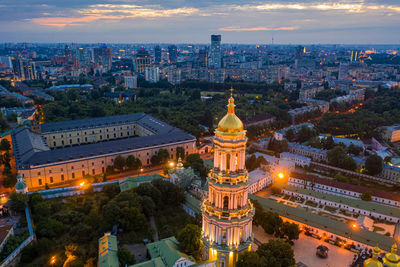 Beautiful summer top view of the kiev-pechersk lavra.  beautiful panorama of kiev in the evening.