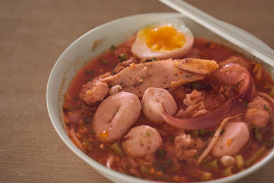 High angle view of food in bowl on table