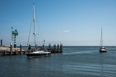 Sailboats sailing in sea against sky