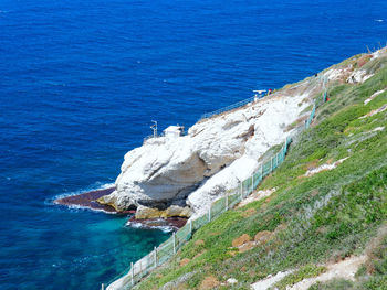 High angle view of sea by cliff