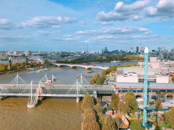 High angle view of buildings by river against sky