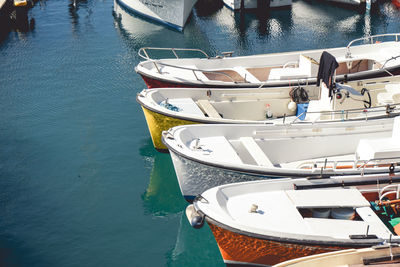 High angle view of boats moored in sea