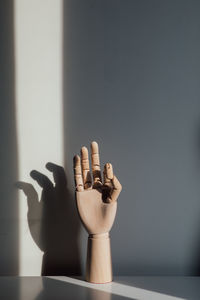 Close-up of human hand against white background