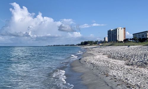 Scenic view of sea against sky in city