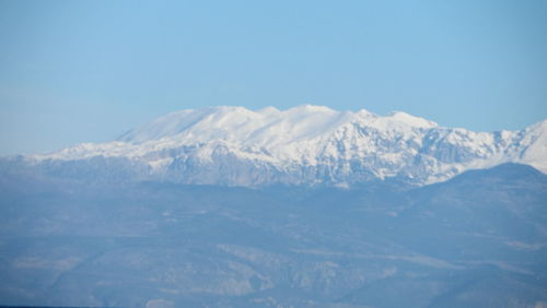 Scenic view of snow mountains against clear sky