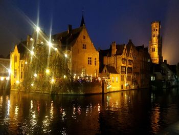 View of city lit up at night