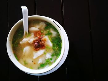 Close-up of soup in bowl on table