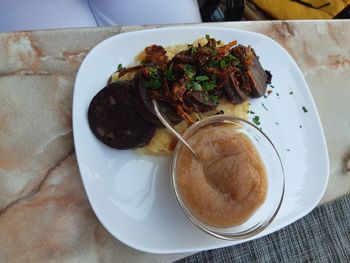 High angle view of meal served on table