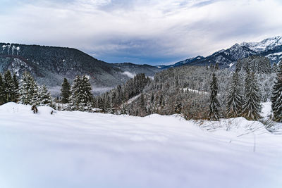 Scenic view of snowcapped mountains against sky