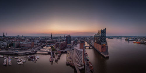 High angle view of buildings in city during sunset