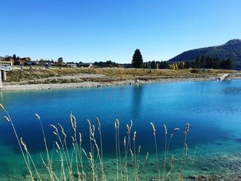 Scenic view of lake against clear blue sky