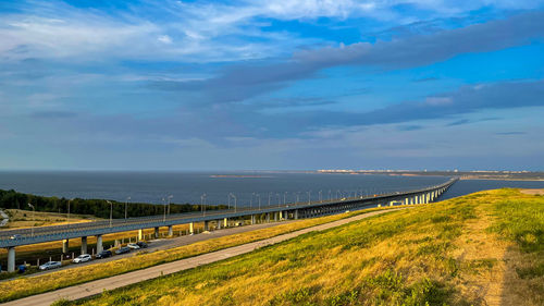 Panoramic shot of road by sea against sky