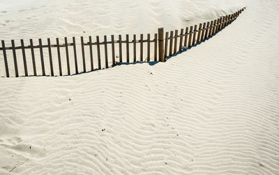 High angle view of wooden fence on beach