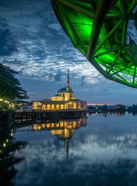 Reflection of illuminated buildings in water