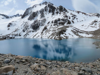 Scenic view of lake and snowcapped mountains against sky