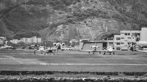 Brazilian commercial plane taxiing on the runway at santos dumont national airport