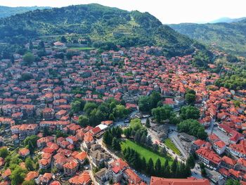 High angle view of townscape and trees