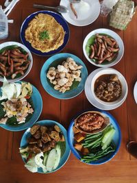 High angle view of food served on table