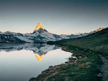 Scenic view of snowcapped mountains against clear sky