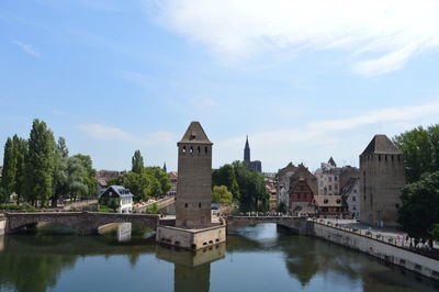 River by temple against sky in city