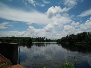 Scenic view of lake against cloudy sky