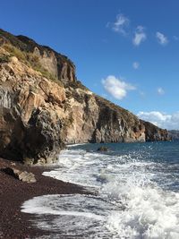 Scenic view of sea and mountains against clear sky