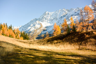 Scenic view of snowcapped mountains against clear sky