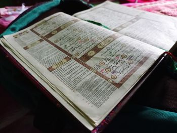 High angle view of open book on table