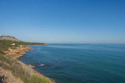 Scenic view of sea against clear blue sky