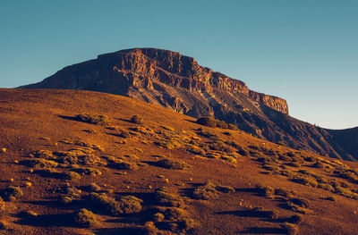 Scenic view of rocky mountains against clear sky