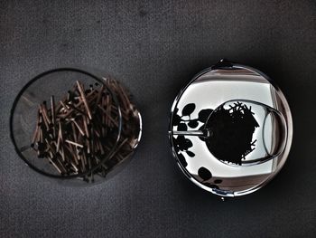 Directly above shot of bread in glass on table