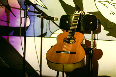 Close-up of guitar against wall