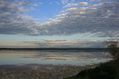 Scenic view of lake against cloudy sky