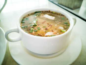 High angle view of soup in bowl on table