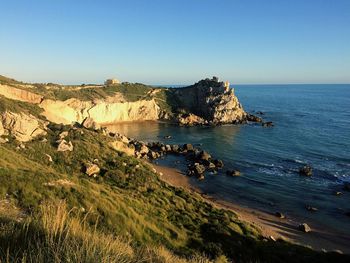 Scenic view of sea against clear blue sky