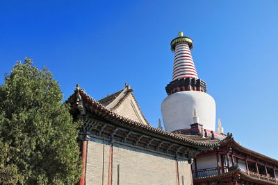 Low angle view of temple building against blue sky