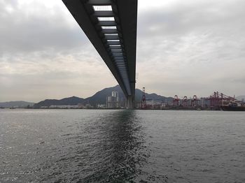 View of bridge over river against cloudy sky