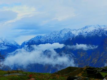 Scenic view of mountains against sky during sunset