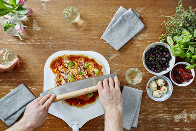 High angle view of food served on table