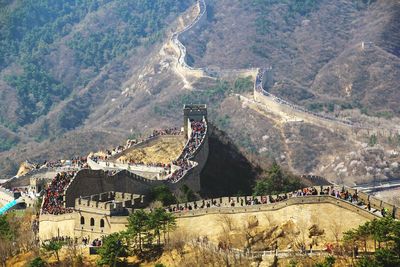 High angle view of tourists at great wall of china