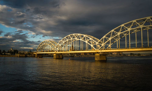 View of bridge over river against cloudy sky