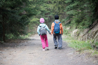 Rear view of siblings walking on footpath