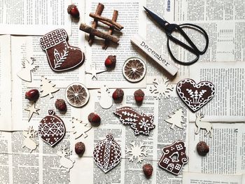 High angle view of objects on table