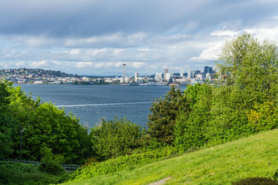 A view of a grassy hill an the seattle skyline from west seattle, washington.