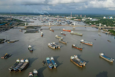 High angle view of boats moored in sea